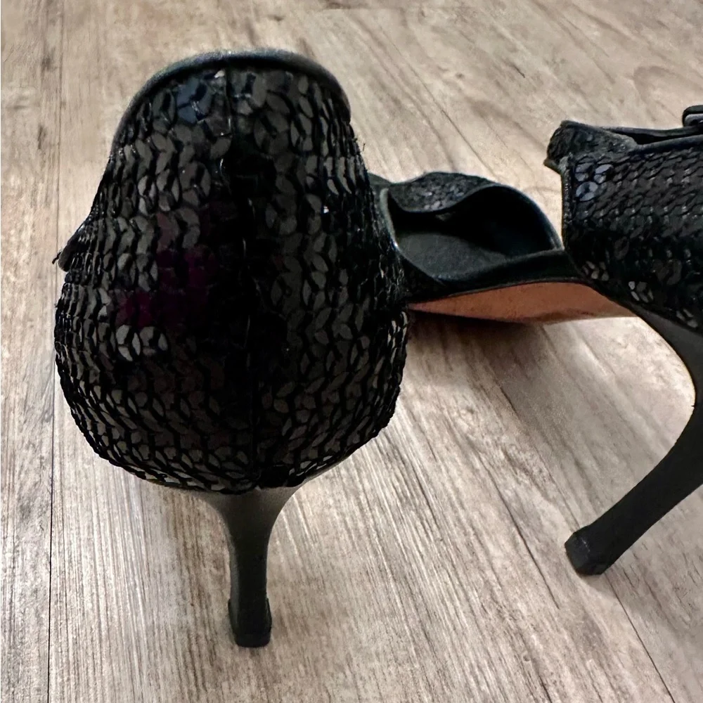Manolo Blahnik Caldo Sequined Black Ankle Strap Peep Toe Stiletto Heels